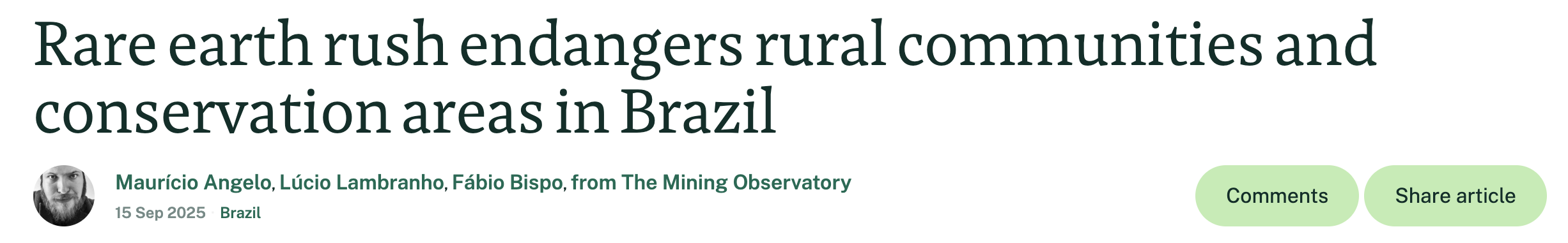Mongabay: 'Rare earth rush endangers rural communities and conservation areas in Brazil' 