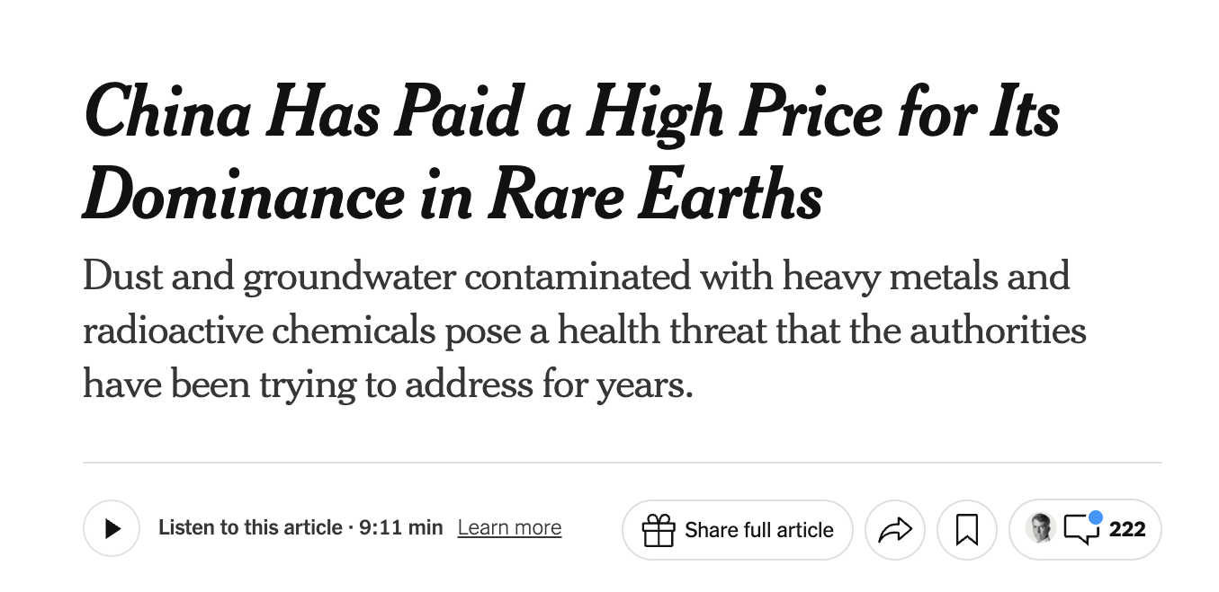 NYT: 'China Has Paid a High Price for Its Dominance in Rare Earths'