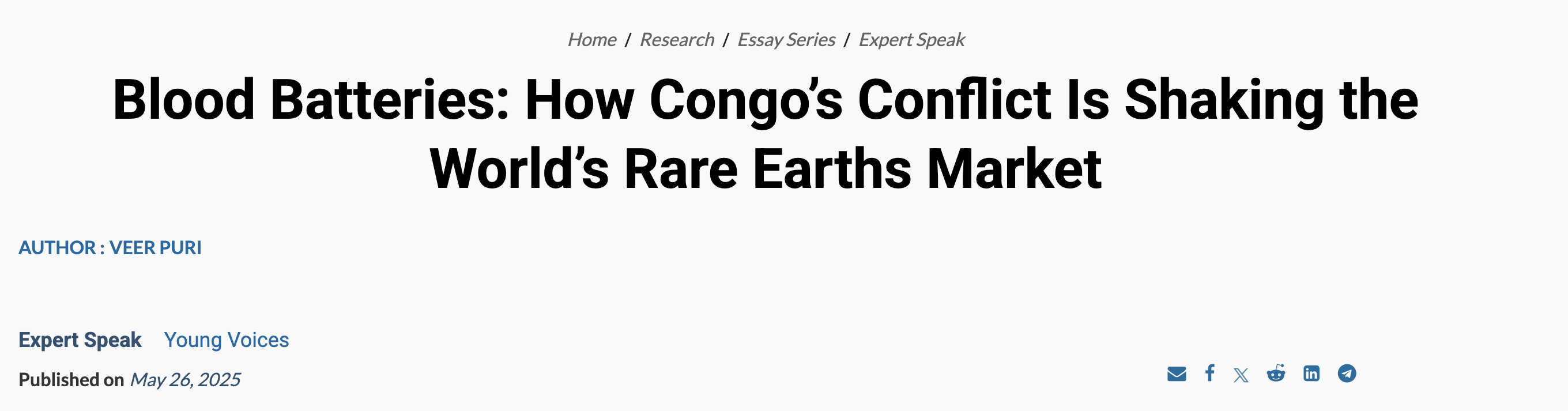 ORF: 'Blood Batteries: How Congo’s Conflict Is Shaking the World’s Rare Earths Market'